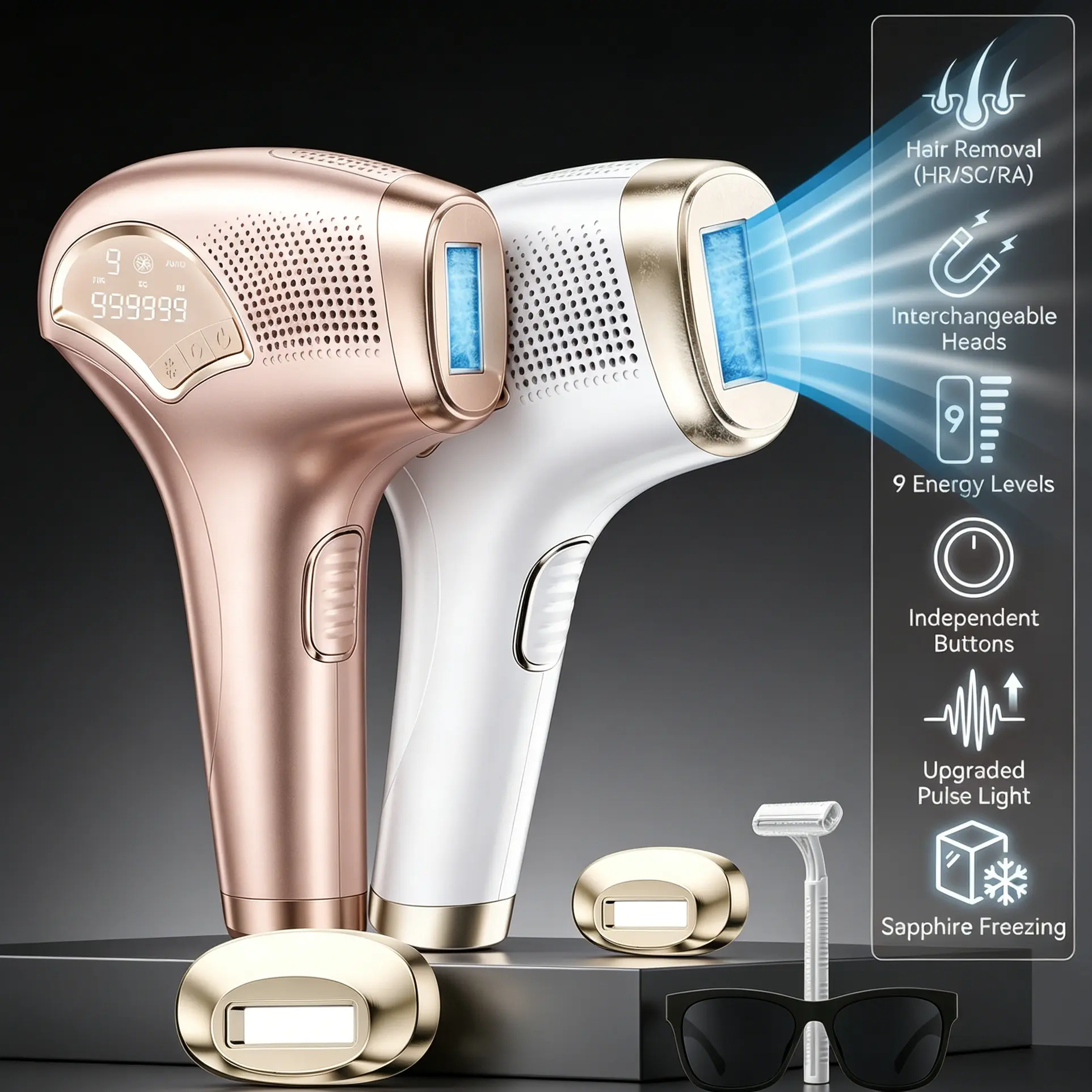 Women's Adjustable IPL Hair Removal Device - 9 Energy Levels Ice-Cool Epilator with Auto/Manual Flash Modes, Replaceable Heads, Quartz Lamp, Painless Skin IPL Machine for Face & Body