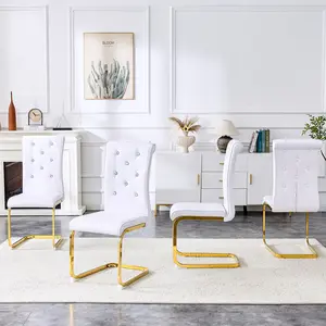 Set of 4 Faux Alligator Modern Dining Chairs with Crystal Buckle, Gold Metal Legs, Comfortable PVC Leather Upholstered Seating for Kitchen Living Room, White