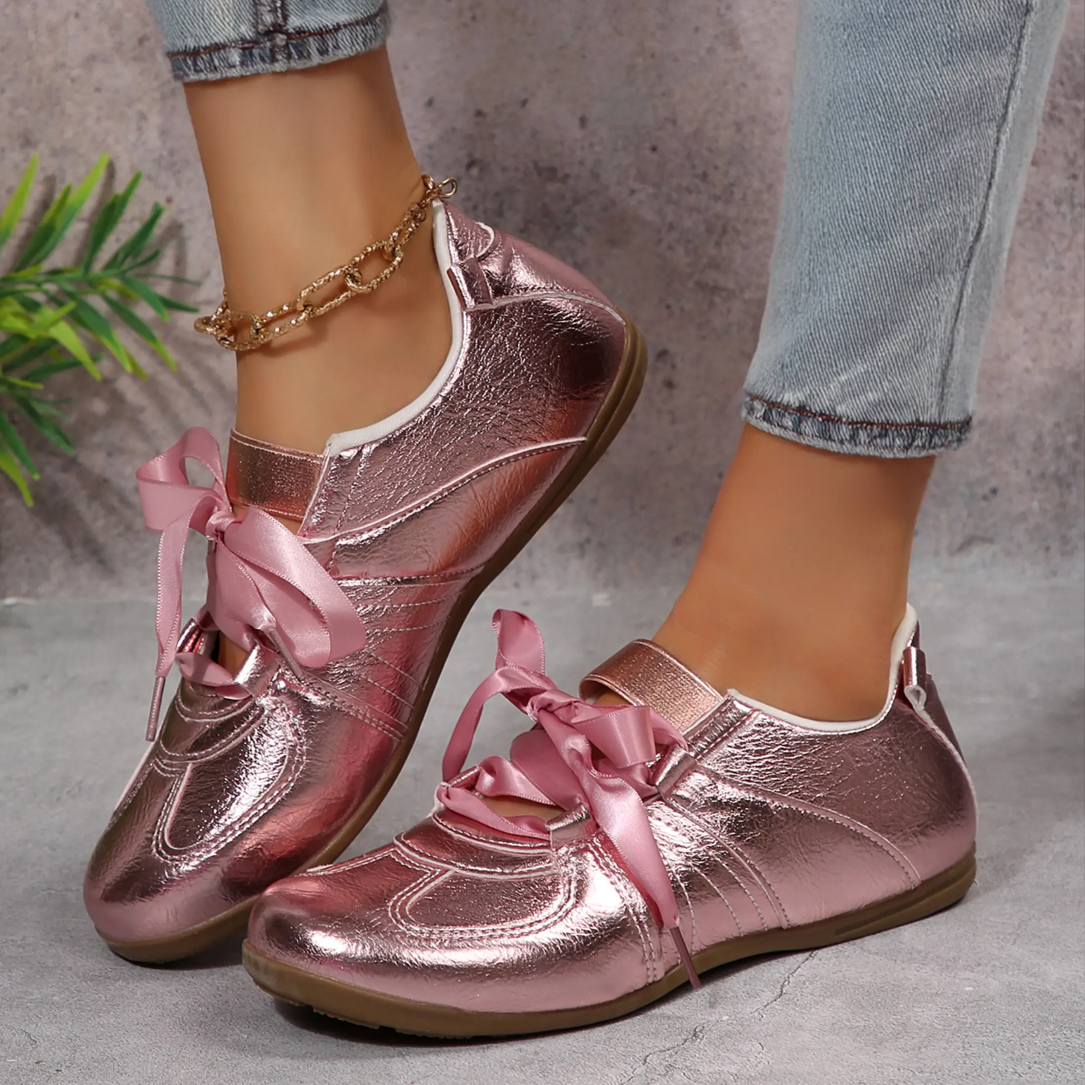 Women's Shiny Party Sneakers Metallic Finish with Satin Bow Indoor Outdoor Shoes