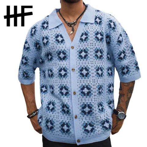 Men's Acrylic Knit Short-Sleeve Collared Shirt - Baby Blue, M, Regular Fit, Unlined, Loose Design, Button Closure, All-Over Boho Print, Stretch, Hem, Sheer, Holiday Summer Vacation Casual Menswear Top