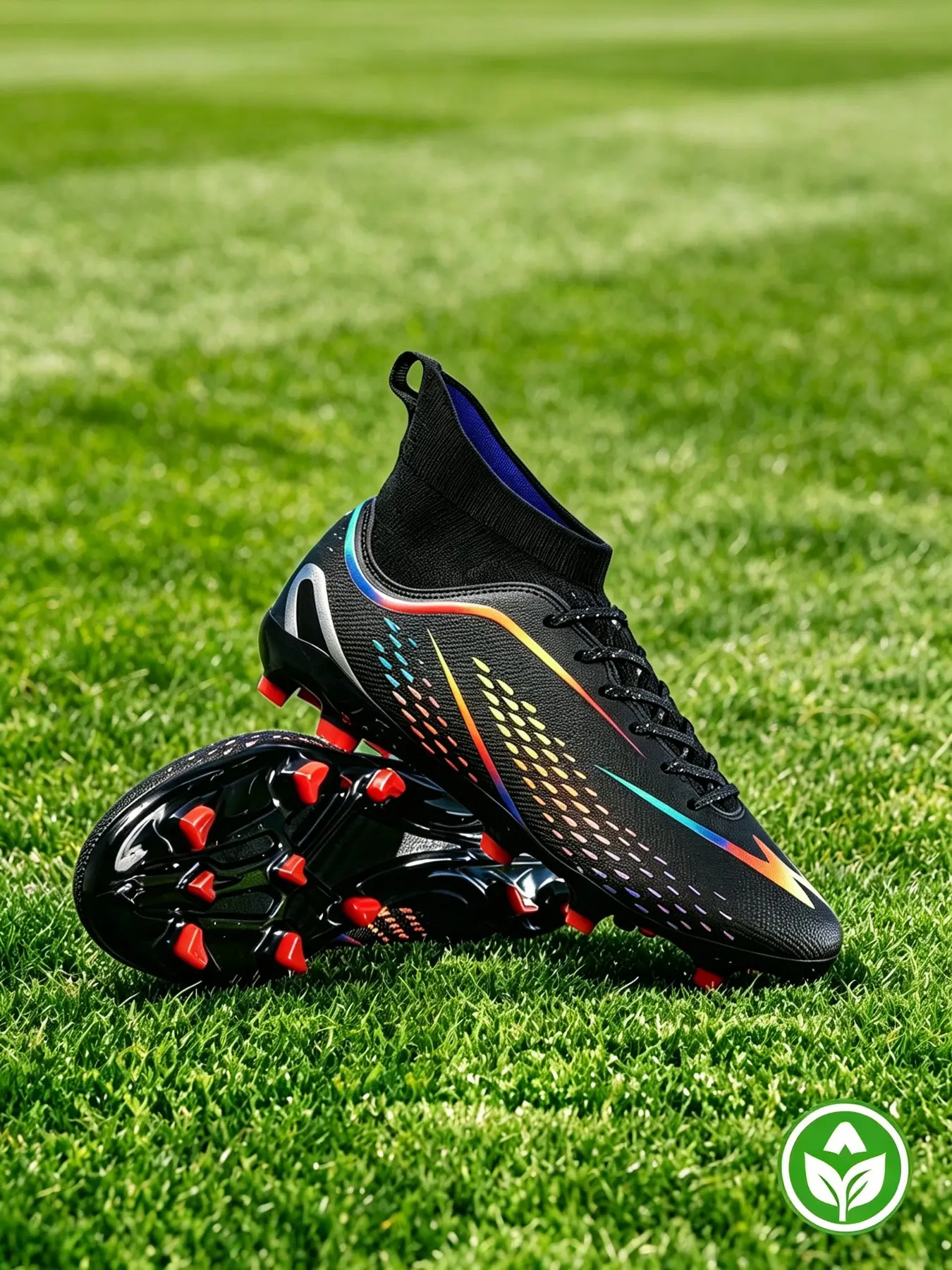 Youth High-Top Sports Football Shoes, Long Studs Rubber Sole, Sporty All-Over Print, PU Leather, Four-Season Training Sneakers, Soccer Cleats, Soccer Boots