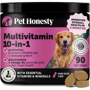 Multivitamin Dog Supplement, Glucosamine Chondroitin for Dogs, Probiotics, Omega Fish Oil, Dog Supplements & Vitamins, Vitamins for Skin and Coat Allergies (Peanut Butter 90 ct), Daily Joint Support, Gut Health, Immune Care, All Breed Formula