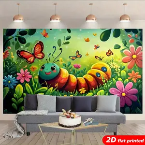 Colorful Magical Adventure Caterpillar Butterfly Tapestry Wall Hanging, 2D Flat Printed Cartoon Garden Flower Design, Backdrop for Kids Room, Aesthetic Home Decor, Ideal Gift for Nursery studio prop