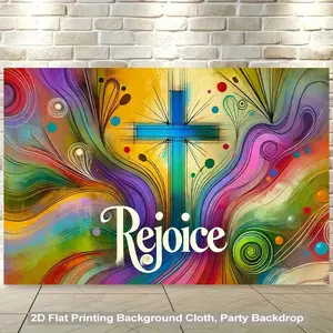 2D Flat, 1pc Vibrant Multicolor Abstract Christian Cross & Joy Lettering Wall Hanging Fabric - Pastel Pink, Yellow, Green, Blue, Purple, Golden, Black, White - Polyester Party Backdrop for Church Events, Easter, Weddings, Home Decor - No Electricity Neede