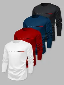 Men's Classic Letter Print Long Sleeve Knitted T-Shirts 4-Pack, Casual Fitted Tops for Spring & Fall, Bestselling Basic Tees