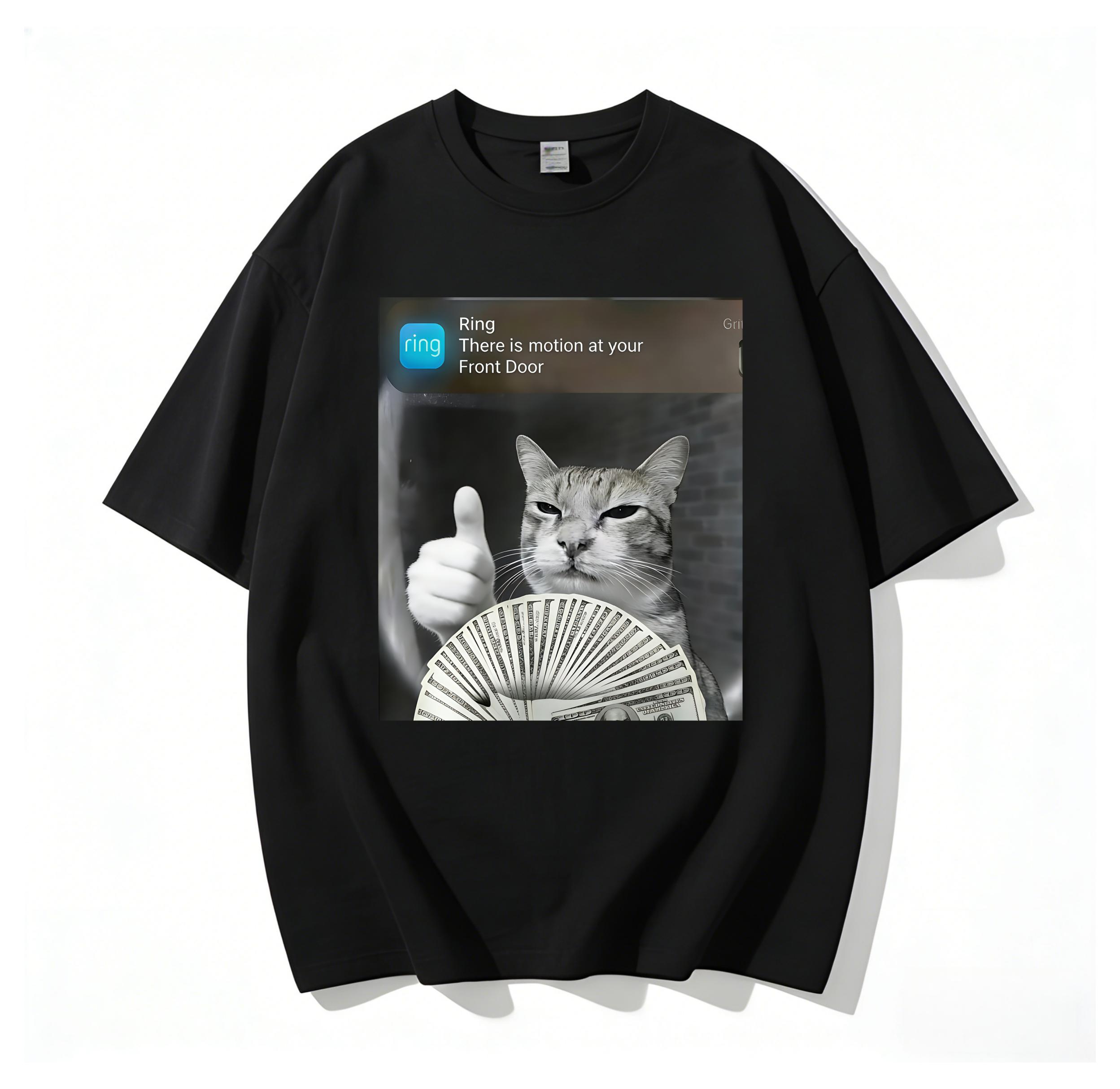 Ring Doorbell Motion Rich Cat Meme Crack-Resistant Heat Transfer Print Unisex T-Shirt | Funny Thumbs Up Cash Cat Graphic Tee | 180g Premium Cotton Fade-Resistant All Season Casual Streetwear Top for Men Women