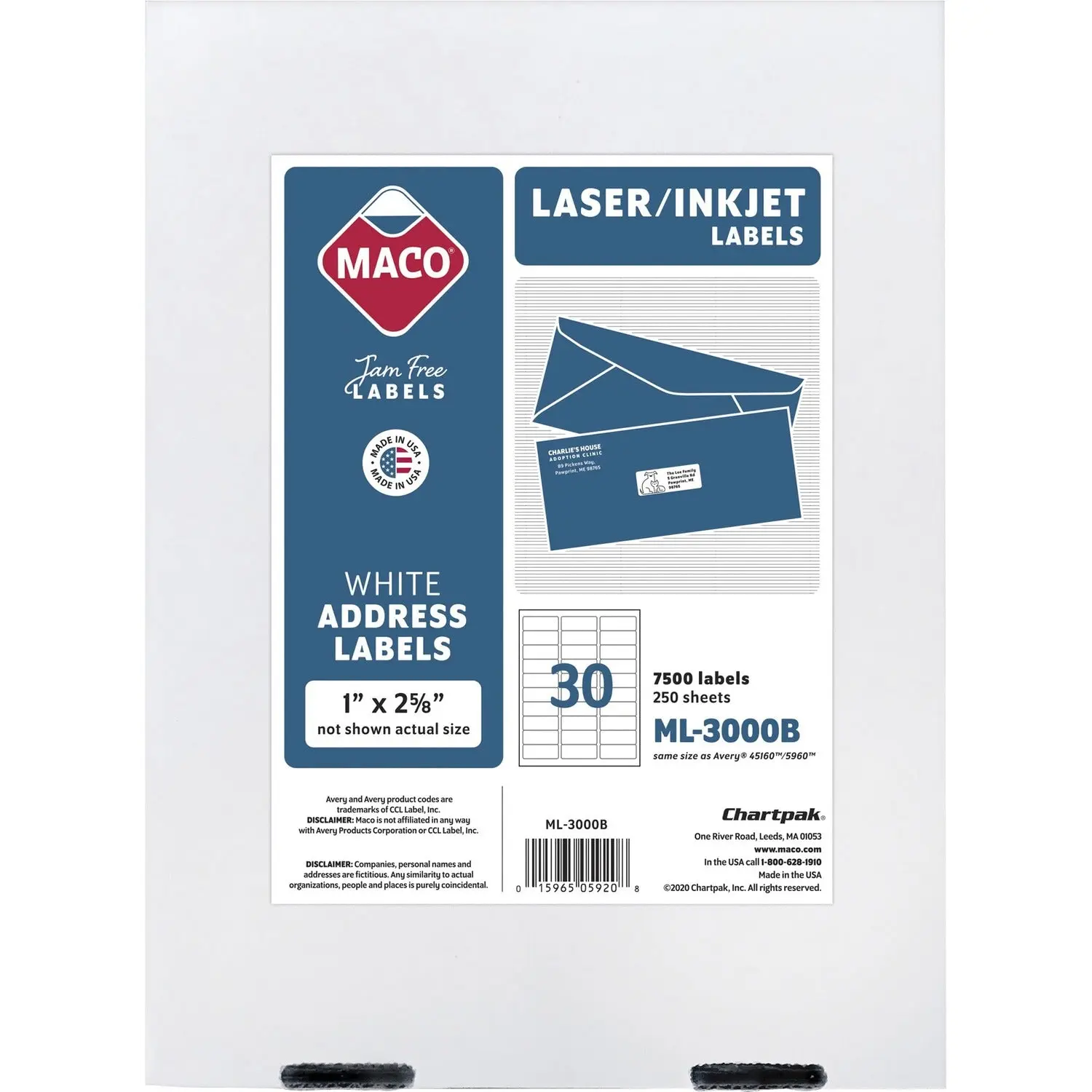 Chartpak Maco Multipurpose Self-Adhesive Mailing Labels, White, 7500 / Box, MACML3000B
