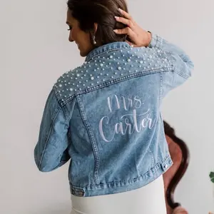FLASH SALE Embroidered Bride Jean Jacket, Pearl Denim Jacket, Mrs Jean Jacket, Personalized Jean Jacket, Bridal Shower Gift