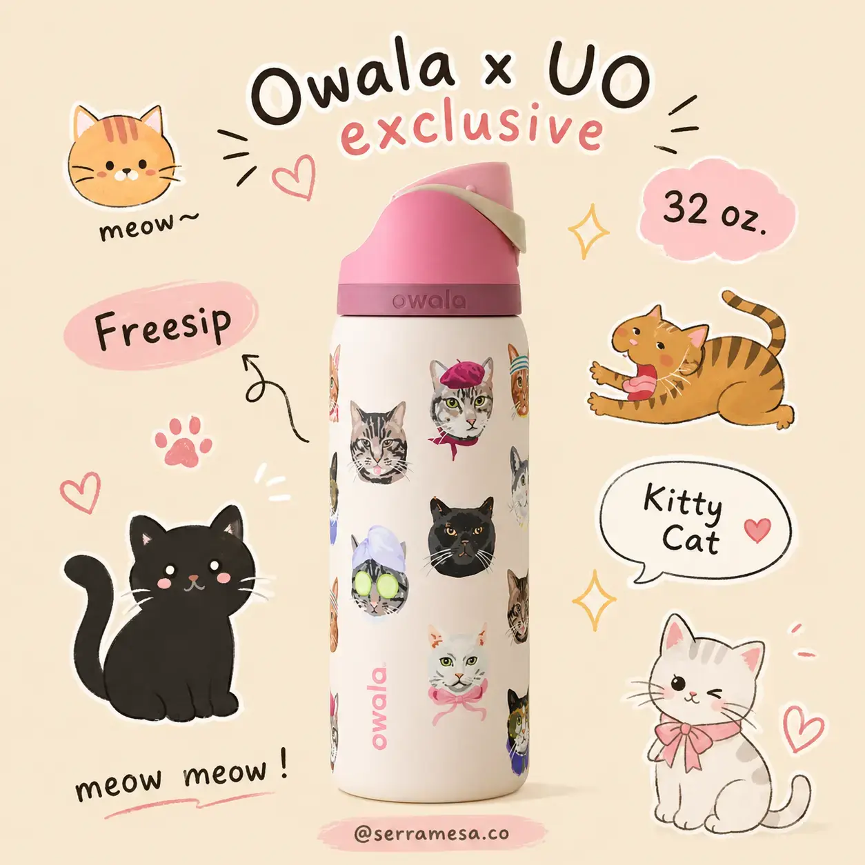 Owala Cat Collage FreeSip 32 oz Water Bottle, Cute Cat Print Insulated Stainless Steel Tumbler with Straw Lid, Leakproof Built-in Straw, BPA Free Stainless Steel Cup, 24H Cold 12H Hot Travel Gym Bottle#Owala sohochic