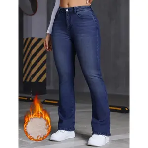 Women's Winter-Ready Plush Lined Casual Jeans - Thick Fabric, Zipper-Button Closure, Comfortable Fit - Ideal for Cold Weather