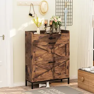 AWQM 2-Drawer Shoe Cabinet - Freestanding Organizer with Adjustable Shelf, Narrow Farmhouse Design for Entryway,Hallways,Living Rooms in Rustic Brown