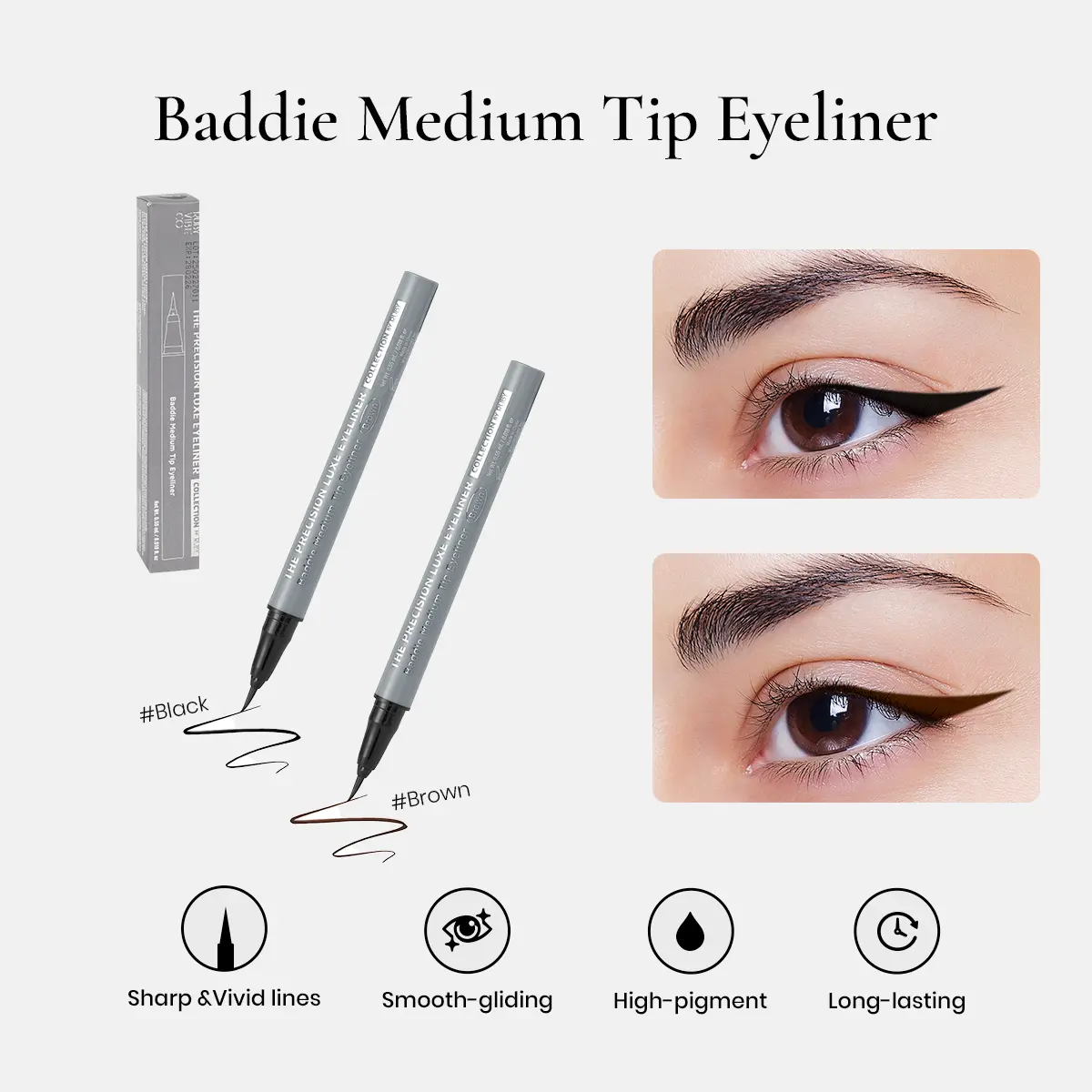 RUBY VIBE CO Baddie Medium Tip Eyeliner Pen, Smudge Proof Black Eyeliner & Brown Eyeliner, Quick-Drying Long Wear Eye Liners with Precision Tip