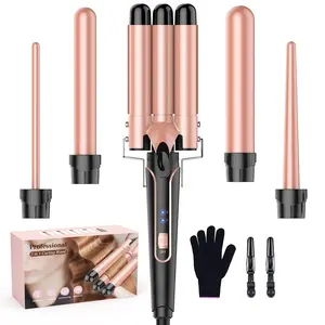 BETS 5 in 1 Curling Wand Set - Waver Curling Iron Wand for Women! It comes with 3 barrel hair crimper and is a fast heating hair wand curler that is suitable for all hair types. wavy thermal brush