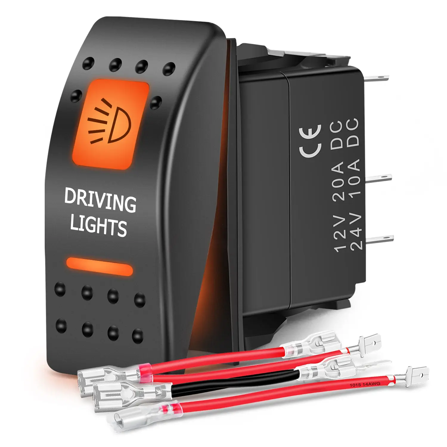 Niligt UTV Driving Lights Rocker Switch, 5-PIN SPST ABS+PC LED Illuminated On/Off Control Toggle with Orange Backlit, 12V-24V Set Pack with Jumper Wires for UTV Users, ATVs, Trucks