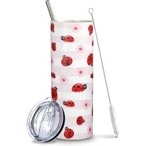 Women's 20 Oz Stainless Steel Skinny Classic Pink Thermal Insulated Vacuum Flask Tumbler - Cute Ladybug Daisy Floral Coffee Water Bottle with Straw, Birthday Gift, Kawaii Kitchenware Drinkware Accessory