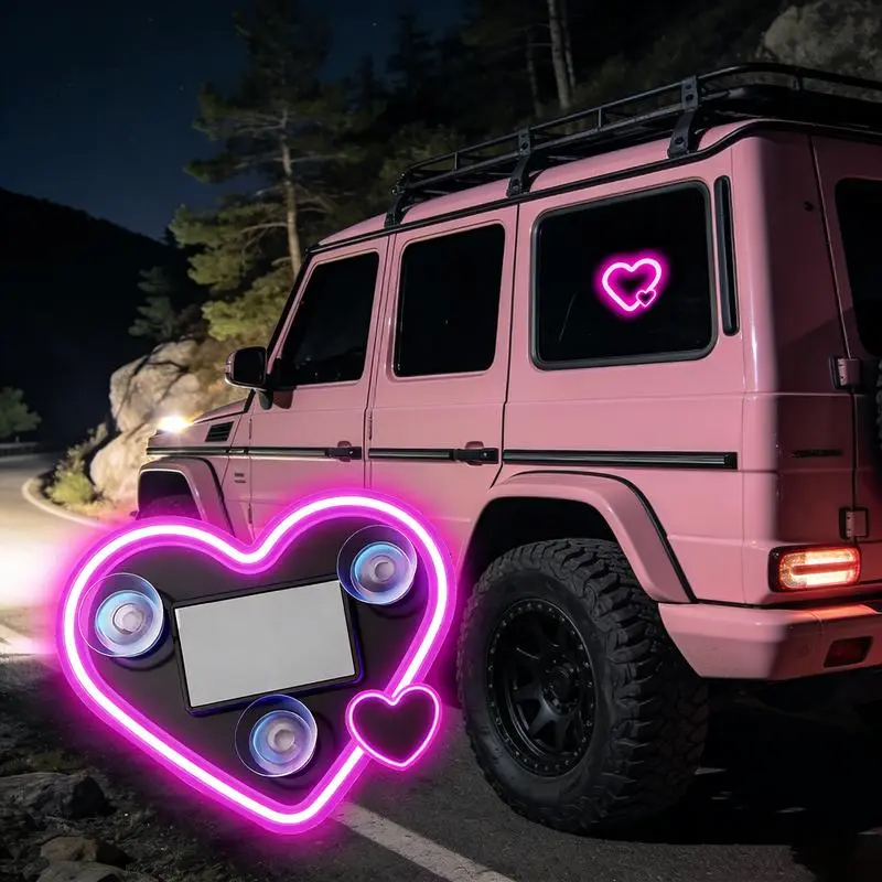 Heart-Shaped Solar-Powered C-Pillar Neon Light - Wireless Waterproof LED Car Interior Accessory, Easy-Install Eco-Friendly Modern Window Decor