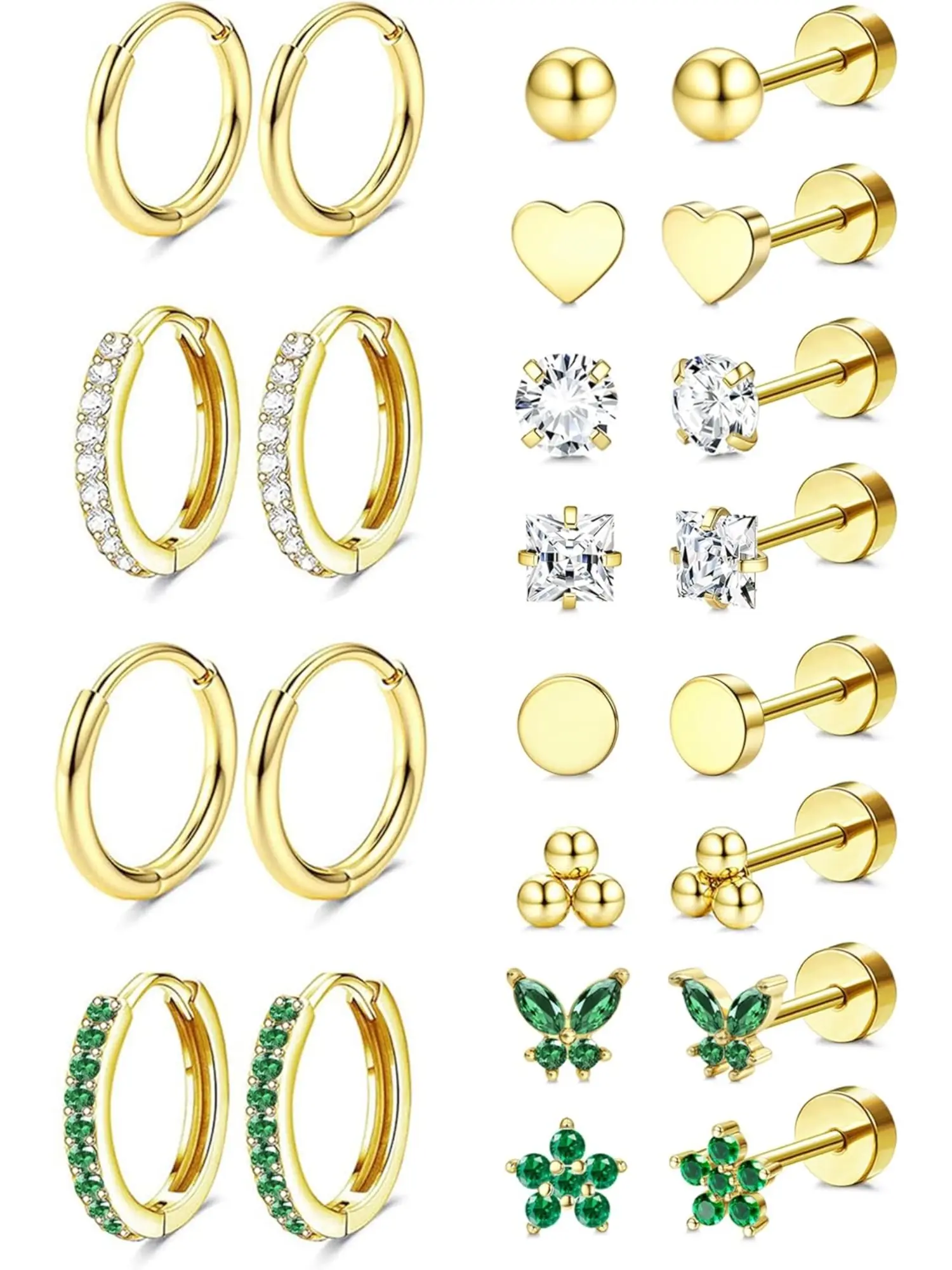 12Pairs Gold Stud Hoop Earrings for Women, Hypoallergenic Surgical Steel Earrings for Sensitive Ears, Comfortable Flat Back Earring for Sleeping/Daily, Nickel-Free Cartilage Earring Stack Set for Multiple Piercing Jewelry, Earring Stacking Set