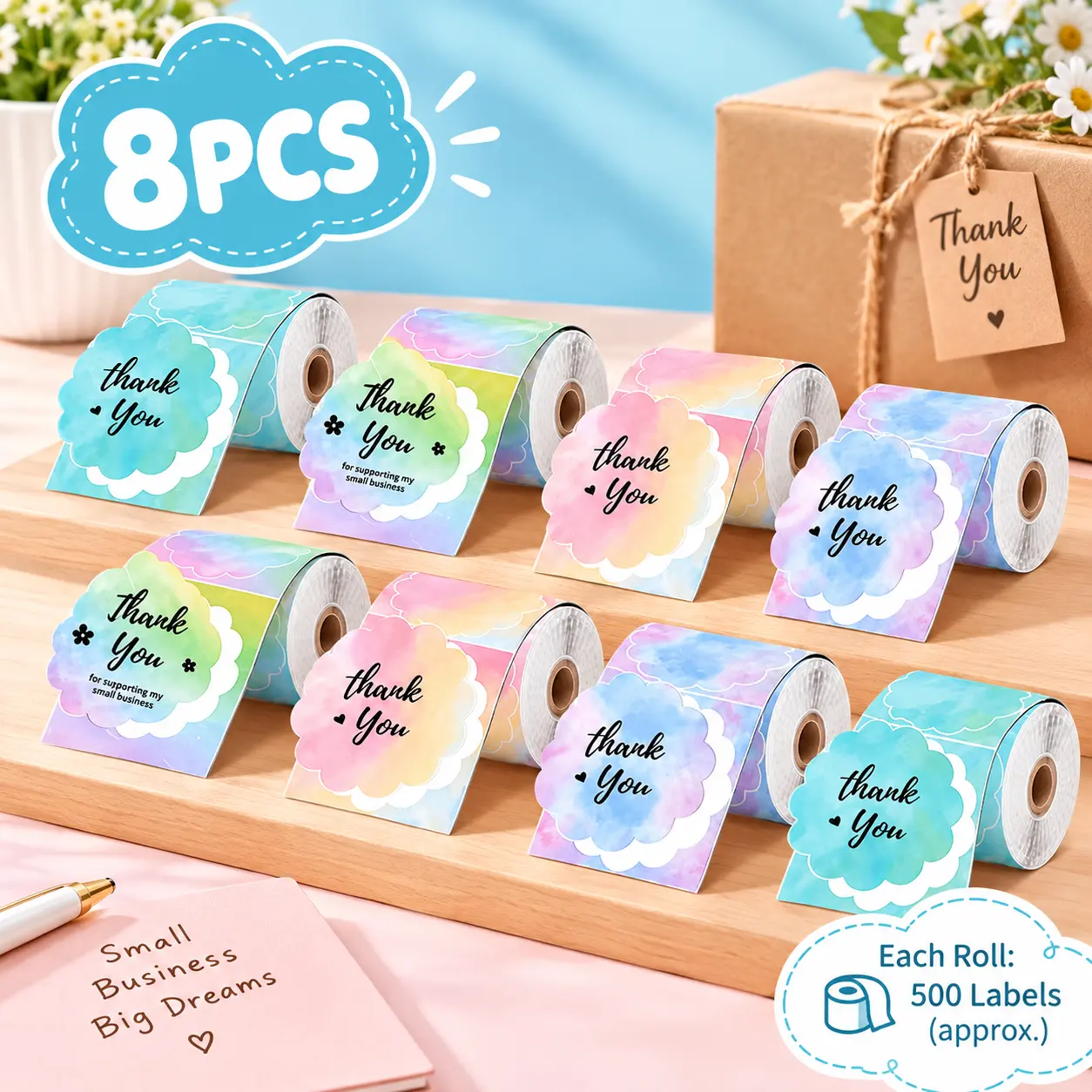 8 rolls of thermal round label paper, 1.96 inches × 1.96 inches gradient-colored labels, compatible with M220/M200/M221/M110 printers, suitable for barcodes, DIY projects, logos, thank-you cards, and more