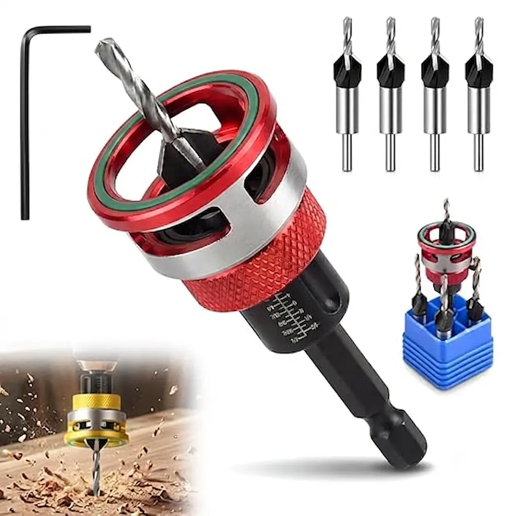 4PCS HCS 4-Blade Countersink Drill Bit Set with Adjustable Depth Stop, L-Shape Wrench, Laser Etching Scale Adjustment for Wood, Plastic – Ideal for Woodworkers, Craftsmen & Gardeners (Diy Furniture, Cabinet Installation, Home Bookshelves Use)