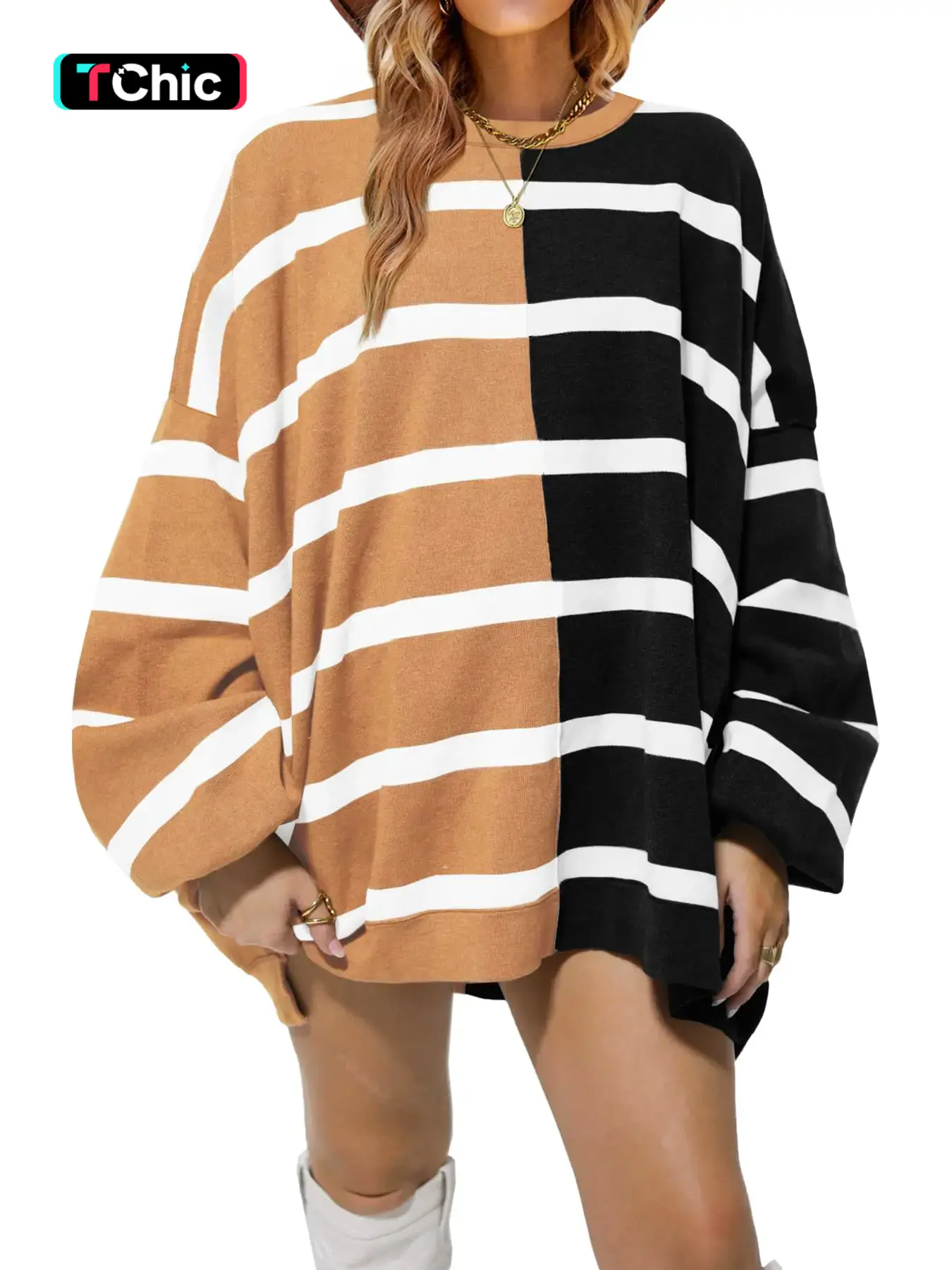 Women's Colorblock Striped Print Drop Shoulder Sweater, Casual Knit Texture Long Sleeve Round Neck Jumper for Spring & Fall, Machine Washable Sweaters