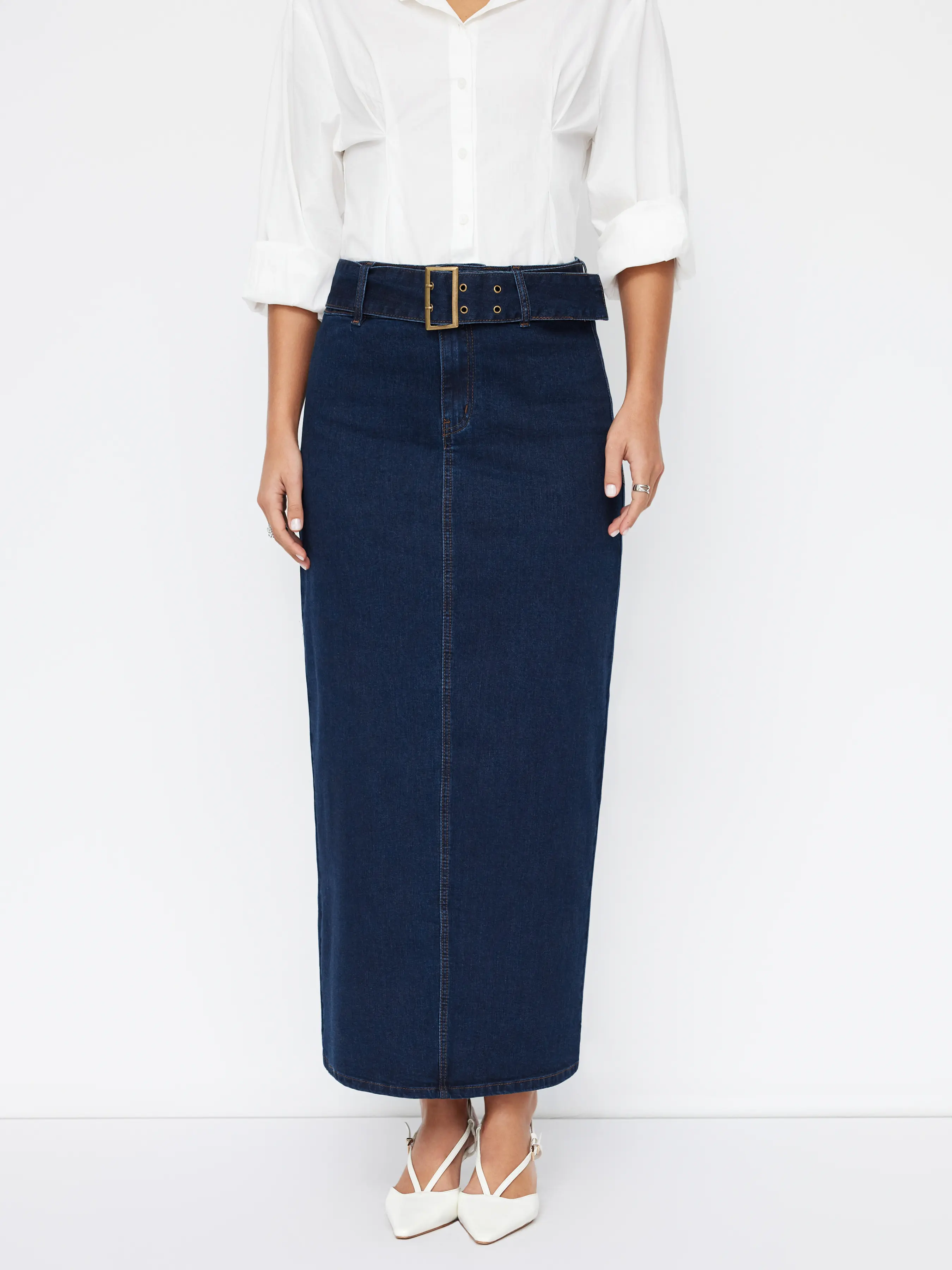 Cider Women's Belted Denim Maxi Skirt, Casual Mid Rise with Back Split, Stretch Cotton Elastane for All Seasons, Feminine Skirts, Fitted, Mid Waist, Pencil