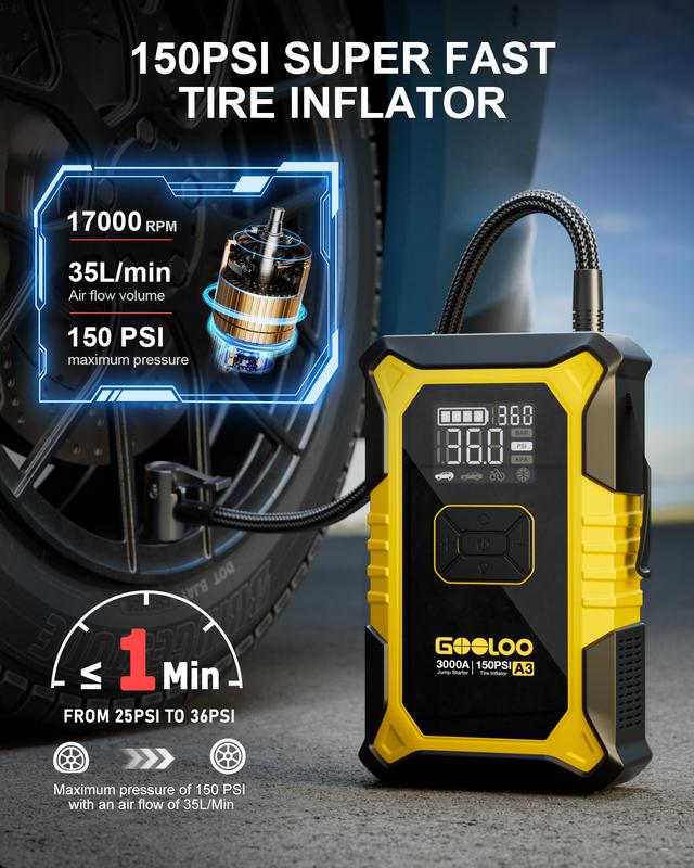 GOOLOO A3 YELLOW Jump Starter with Air Compressor, 3000A Portable Car Battery Booster (9.0 Gas/6.5L Diesel) with 150PSI Auto-Shutoff Tire Inflator