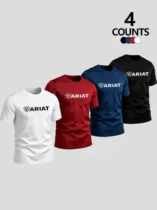Summer Letter Print Short Sleeve T-Shirt 4-Pack, Western Cowboy Style, Breathable Durable, Casual Outdoor Farm Workwear, Multicolor