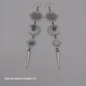 Sacred Moon Candle Co Celestial Sunburst and Moon Spiked Earrings Women's Jewelry Lilac Titanium Beads Casual Witchy Style