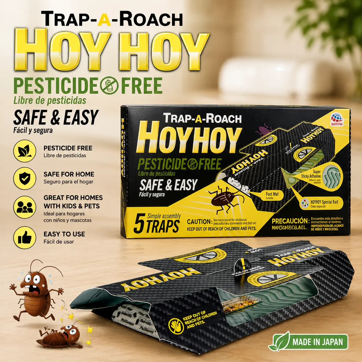 HOY HOY Trap A Roach - Bait Glue Traps, Great for Home with Kids & Pets Indoor, Sticky Pest Control Trap, Roach Killer, Made in Japan 5 Traps
