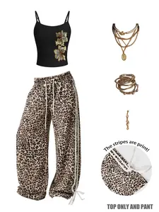 Women's Summer Casual Set, Slim Fit Sleeveless Vest + Loose Leopard Pants, Fashion Floral Print, Soft Comfortable, Home Essential, Must-Have, Womenswear