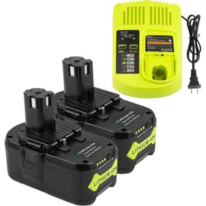 2Pack 6.0Ah 18Volt Replacement for Ryobi 18V  + Plus P108 P102 P103 P104 P105 P107 P109 P122 RB18L50 PBP005 Cordless Power Tools with P117  Charger for Ryobi
