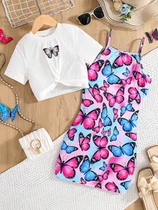 2Pcs Girls' Butterfly Print 2-Piece Set, Fine Girls Outfit, Fashion Clothes Set, Spring & Summer, White Short-sleeve T-shirt + Spaghetti Strap Dress, for 8-12Y, Daily Wear, Ideal Gift