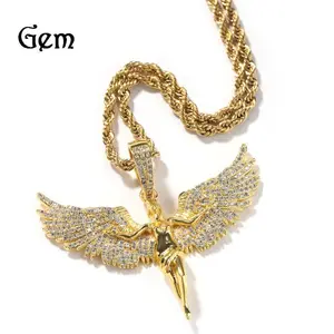 Europe and the United States cross-border jewelry retro neutral wind golden gemstone angel wings men and women rap hip hop necklace wholesale