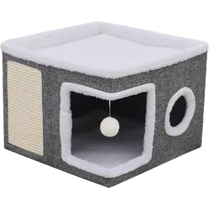 Cat Bed, Large Cat Cave with Fluffy Balls & Scratch Pad, Foldable Cat Bed for Indoor Cats, Cozy with Round Window, Double-Sided Cushions, All-Seasons Cat Houses for Kittens