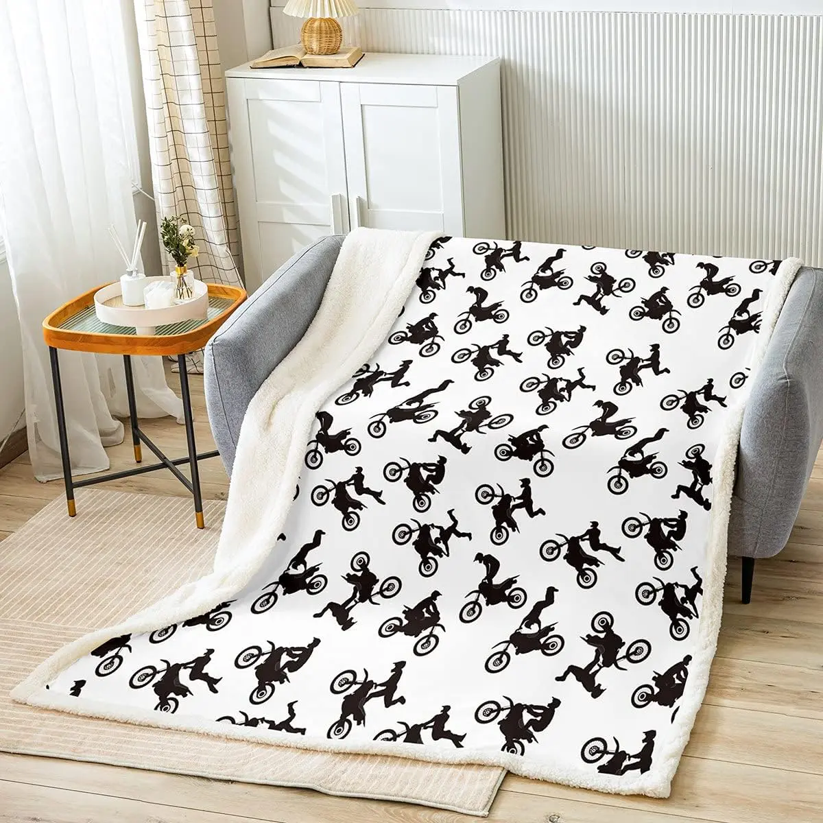 Feelyou Premium Fleece Motocross Rider Silhouettes Throw Blanket - Reversible Fleece-Microfiber Sherpa Plush, Multi-Size Home Decor Multifunctional Blanket for Couch/Bed, Housewarming Gift, Home Decor Blanket