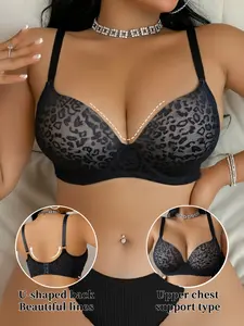 Plus Size Leopard Lace Lingerie, Sexy Push-Up Deep V Bra, Breathable Slimming Top, Anti-Drop, All Seasons, Casual Wear