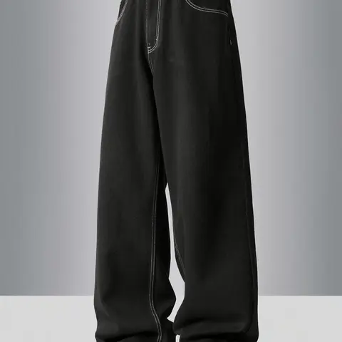 Men's Solid Color Wide Leg Slouchy Jeans, Loose Casual Comfy Denim Streetwear Trousers for Daily Wear, Fashion Men's Bottoms for All Seasons, Streetwear Denim Pants, Casual Denim Clothing