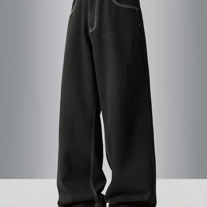 Men's Solid Color Wide Leg Slouchy Jeans, Loose Casual Comfy Denim Streetwear Trousers for Daily Wear, Fashion Men's Bottoms for All Seasons, Streetwear Denim Pants, Casual Denim Clothing