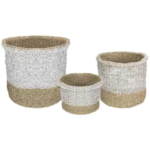 Northlight Set of 3 Beige & White Round Table & Floor Baskets