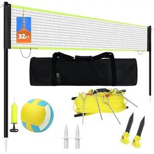 32ft Regulation Size Portable Outdoor Volleyball Net Set System for Backyard Beach with Height Adjustable Poles, PU Volleyball and Pump, Carry Bag, Boundary Line - Easy Set Up & Anti-Sagging