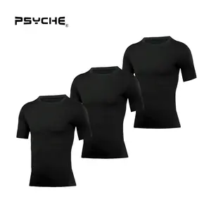 PSYCHE 3 Pack Men's Compression Shirts Cool Dry Short Sleeve Baselayer Athletic Workout T Shirts,Sweat-Wicking Ultra-Breathable Muscle Support