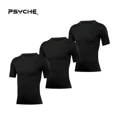 PSYCHE Male 3-Pack Tight Compression Sport Shirts - Short Sleeve Athletic Sports Clothing, Moisture-Wick Cool Dry Quick Dry Breathable Vented Muscle Support Baselayer Workout Tops