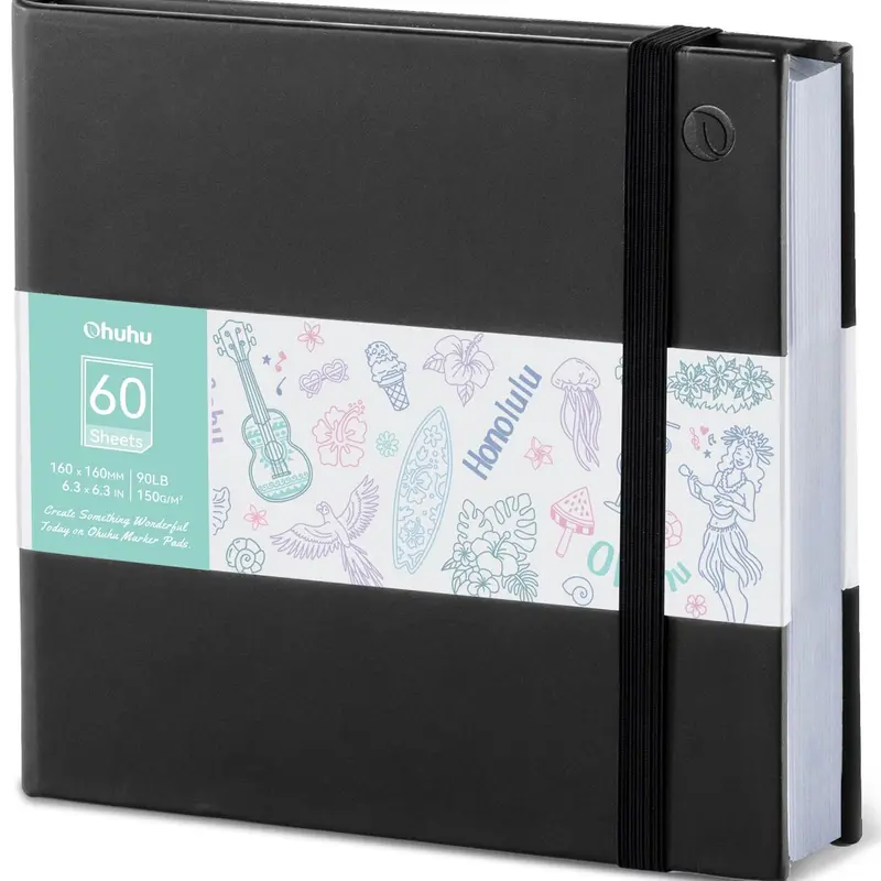 Ohuhu Marker Pad Art Sketchbook: 6.3"x6.3" Square Format Mini Sketchbook for Beginners, 90 lb/150 gsm Smooth Surface Bleedproof Paper, 60 Sheets/120 Double-Sided Pages, PU Hardcover DIY Cover for Alcohol Markers - Marker Pad Series of Ohuhu