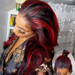 13x6 HD Transparent Lace Front Wig 36 Inch 180% Density 1B Pink Ombre Highlight Body Wave Glueless Human Hair Wigs for Black Girls