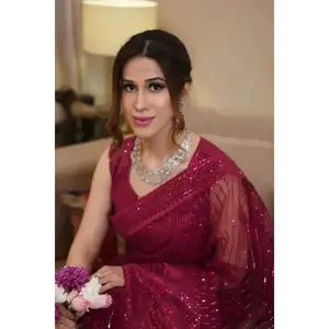 Zaibaish | Magenta Embroidered Net Saree with Embellished Blouse – Fully Stitched