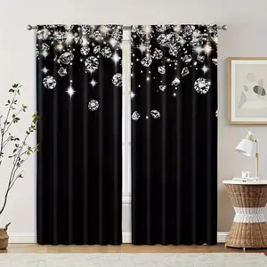 2-Piece Diamond Print Curtains, Fashionable Rod Pocket Window Drapes for Bedroom & Living Room, Comfortable Atmosphere, Easy Installation, Home Decoration Curtain, Home Textile