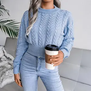 Autumn Winter New Women's Knitwear Short Slim Fit Base Shirt Sweater in Soft Blue Cable Knit Basic Casual High-Waist Cropped Design Minimalist Elegance Cotton Fitted White Womenswear