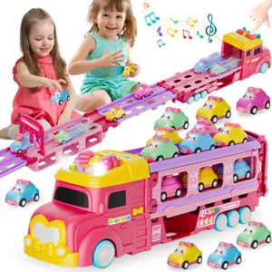 Durable Garage Multifunction Dinosaur/Princess/Unicorn Truck Toys for 2-7 Year Boys & Toddlers Foldable Track 2 Player Race Mode Light Sound Transport Carrier with 6 Dino Cars 12 Accessories Birthday Christmas Gift Idea for Kids Girls