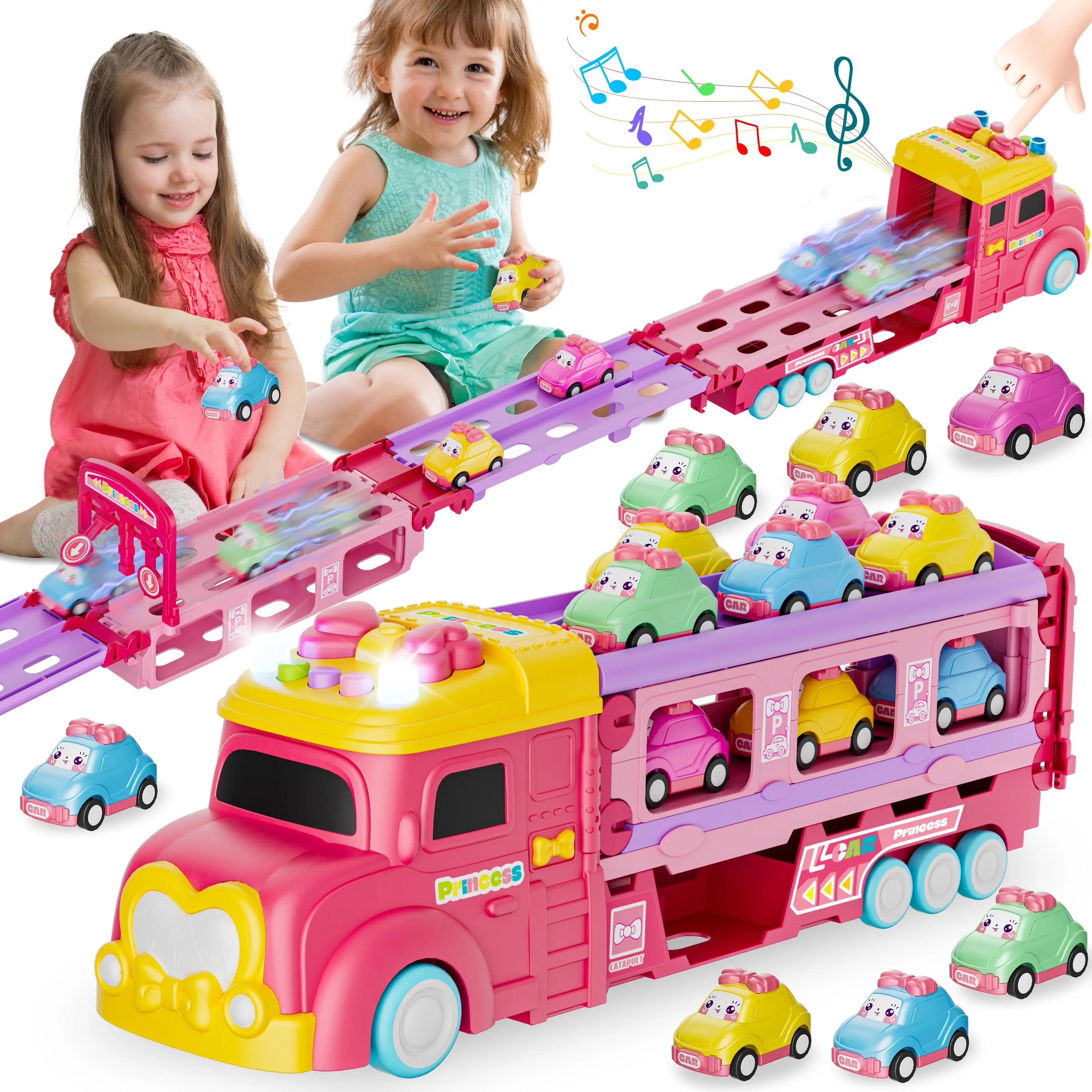 Durable Modular Racing Track & Race Cars Toy Set - Foldable Track, 2-Player Race Mode, Lights & Sounds, Transport Carrier, 6 Dino Cars, 12 Accessories, Toddler Gifts for 2-7 Year Olds, Birthday/Christmas Idea, Modular Track & Race Cars