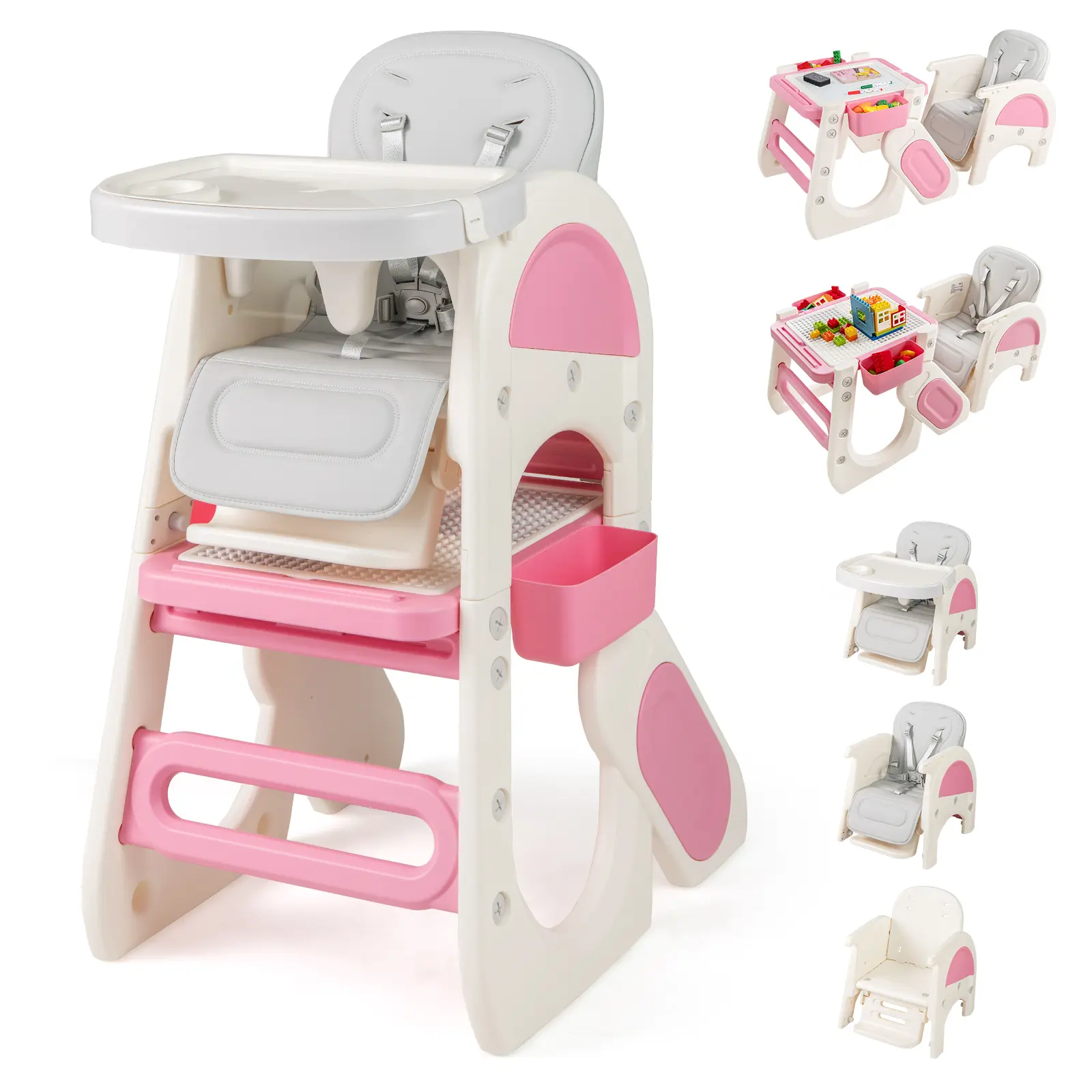 COSTWAY - Convertible Baby High Chair with Double-layer Tray and Adjustable Backrest-Pink COSTWAY - Convertible Baby High Chair with Double-layer Tray and Adjustable Backrest-Pink